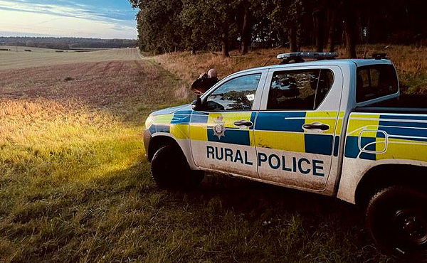 A police car in a field with an officer looking out with binoculars